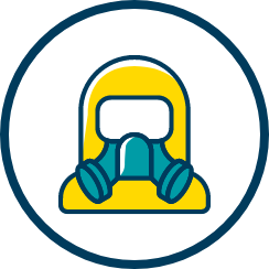 Icon of a person wearing a yellow hazmat suit and respirator, symbolizing hazardous material clean-up services related to water and fire damage restoration.