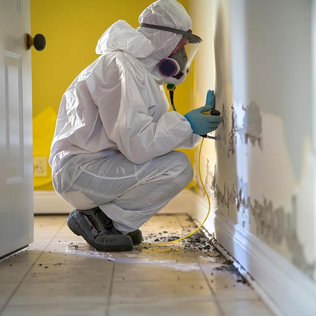 Technician in protective gear inspecting wall for mold damage in a residential space, emphasizing mold remediation and prevention efforts after water damage.