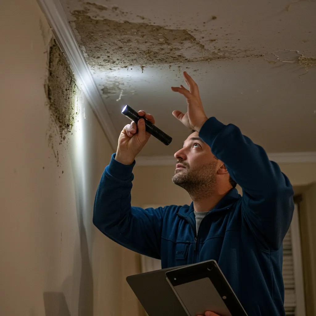 Technician conducting a visual inspection for mold in a residential setting with flashlight