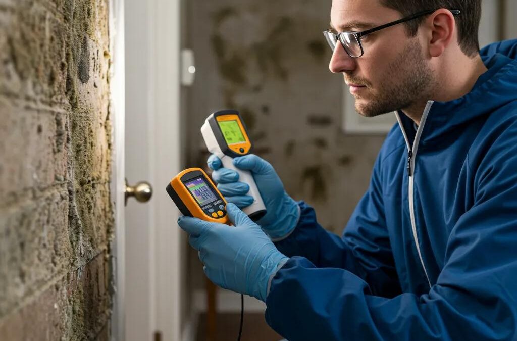 Mold remediation technician inspecting a home for mold with moisture meters and infrared cameras