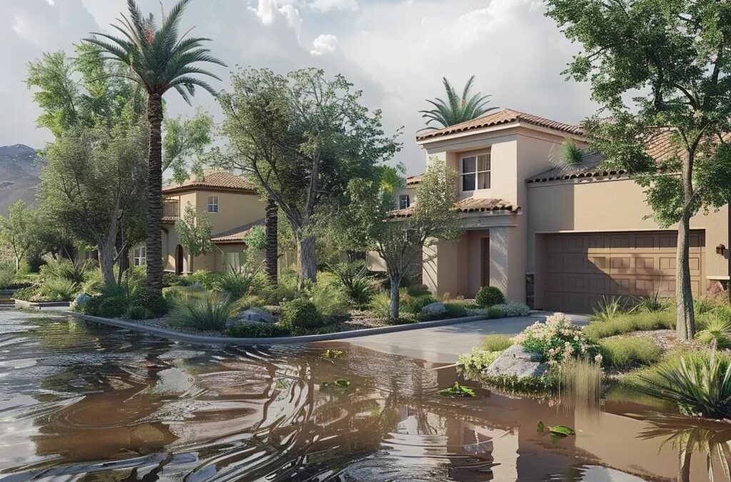 Flooded residential area in North Las Vegas with palm trees and landscaping, highlighting the impact of water damage and the need for effective flood mitigation strategies.