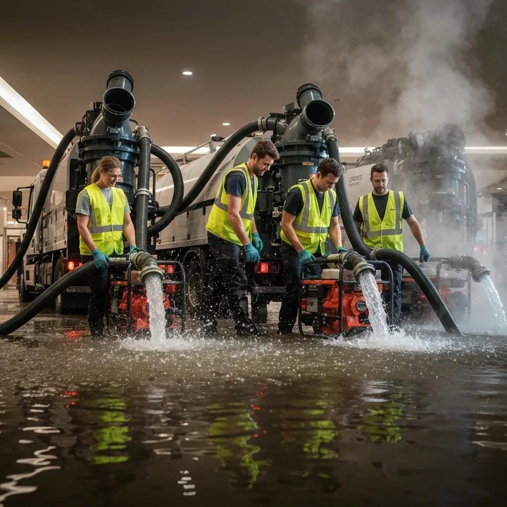 Technicians using pumps for emergency water extraction in a commercial building