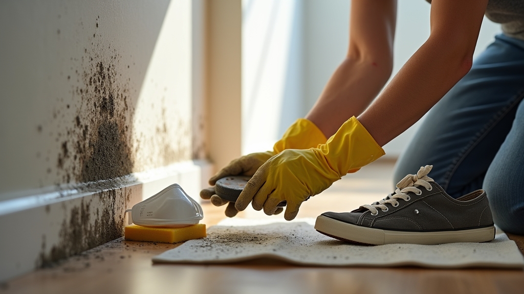 Person in yellow gloves cleaning mold from wall with a sponge, wearing a respirator mask, with safety equipment nearby, emphasizing the importance of proper protective gear during mold remediation.