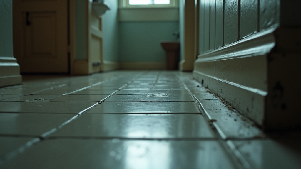 Flooring in a bathroom with visible dirt and potential moisture issues, highlighting areas prone to mold growth and hidden leaks, relevant to mold remediation discussions.