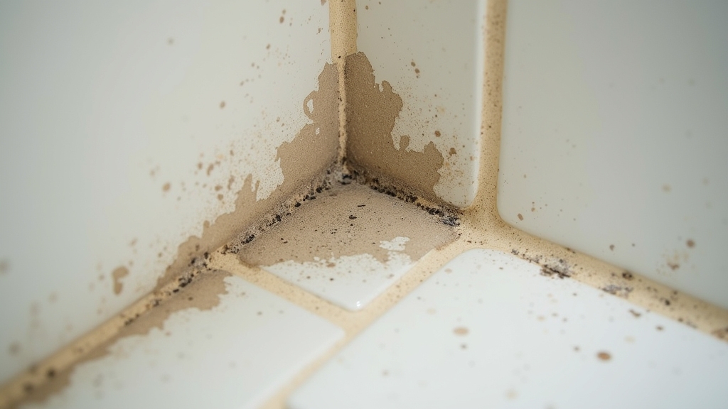 Mold contamination in bathroom corner, showing visible stains and spores on grout and tiles, highlighting the hidden spread and risks associated with inadequate cleaning methods.