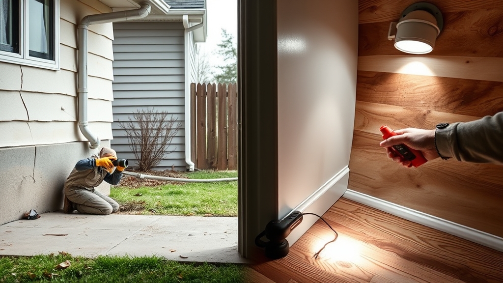 Person inspecting structural cracks on home exterior and using a moisture meter indoors to assess potential water damage after flooding.