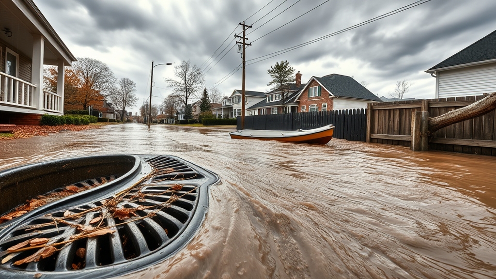 Flooded residential street with submerged houses, visible drainage grate, and a small boat floating in murky water, illustrating external water damage from heavy rain or storm surge.
