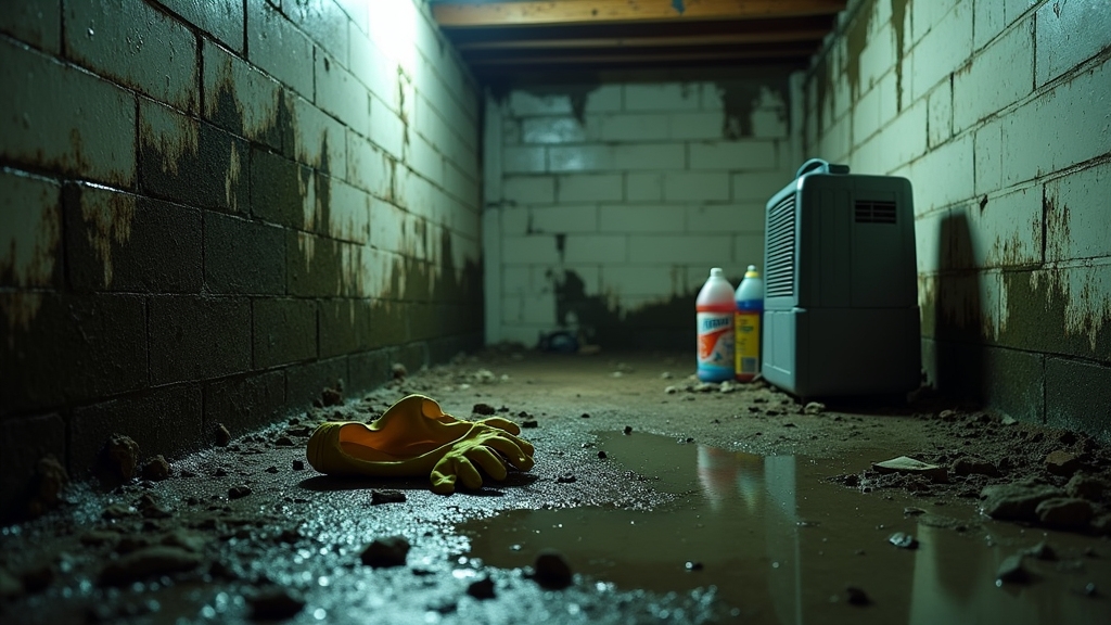 Yellow rubber gloves on wet floor in a damp basement, with moldy walls and water cleanup supplies including a dehumidifier and cleaning solutions, highlighting risks of DIY water cleanup and mold growth.