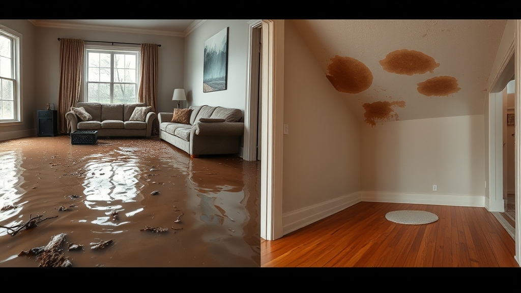 Flood damage in a living room with brown water covering the floor, and water stains on the ceiling in an adjoining room, illustrating the contrast between flood and water damage.