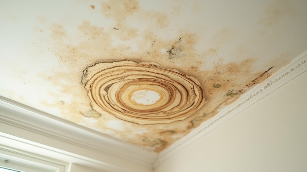 Discoloration and water rings on ceiling, indicating potential hidden leaks and moisture issues, with irregular brown stains and hard edges suggesting active leaks.