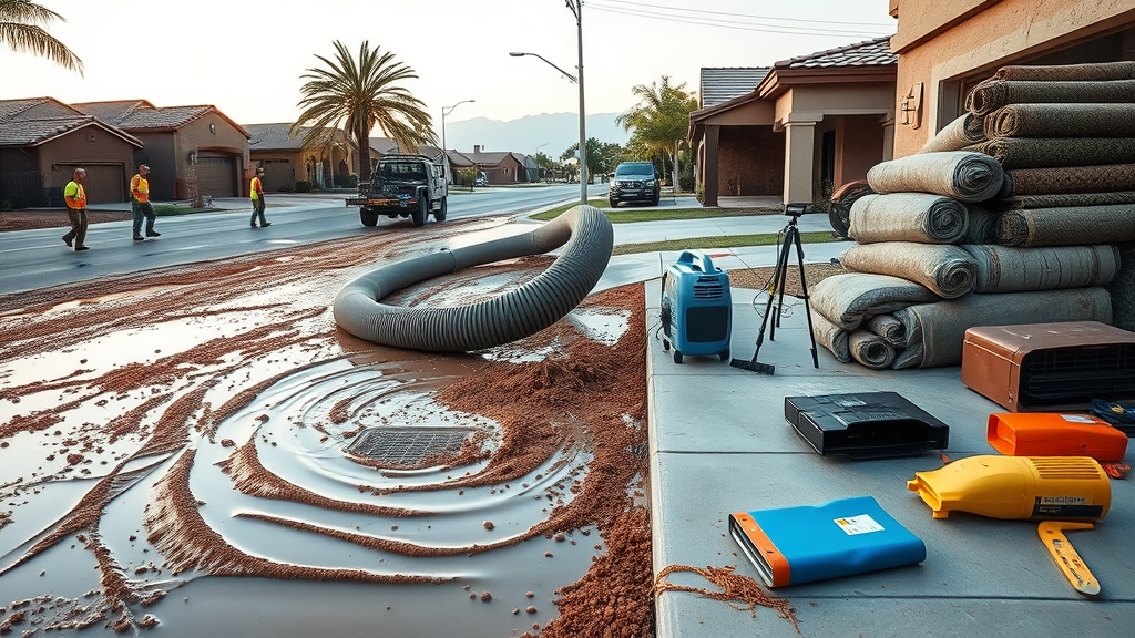 Flood cleanup scene in Las Vegas with workers in safety gear, water extraction equipment, and rolled-up carpets, illustrating post-flood restoration efforts.
