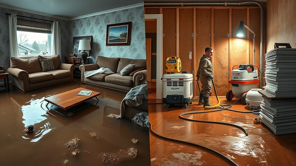 Flooded living room with waterlogged furniture and debris, alongside a restoration technician using equipment in a drying room, illustrating flood and water damage restoration processes.