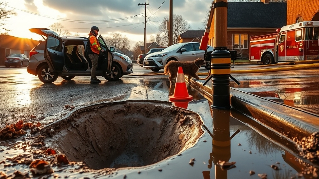 Emergency response scene after flash flooding, featuring a worker in safety gear near a large water-filled hole, traffic cones, and a fire truck in the background, emphasizing safety checks and hazards.