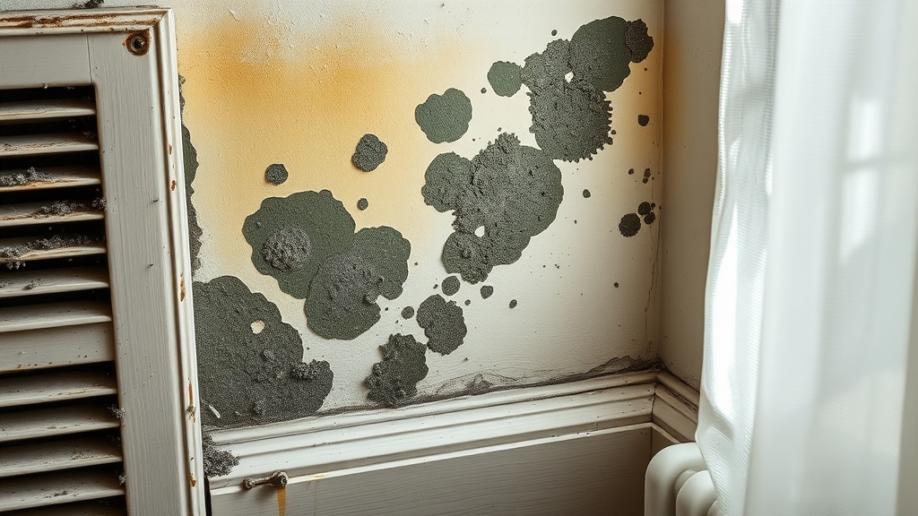 Mold growth on interior wall near vent, indicating hidden moisture and potential health risks from mold spores.