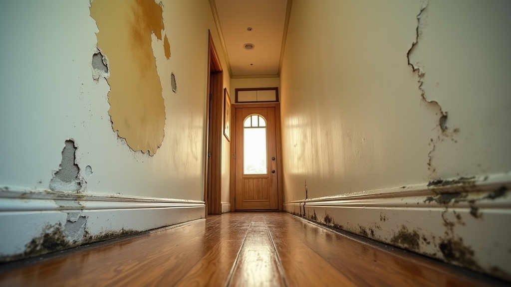 Hallway showing signs of water damage, including peeling paint, water stains, and mold growth on walls, emphasizing early indications of moisture issues in a home.