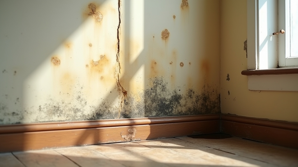 Interior wall showing signs of hidden water damage, including yellow and brown stains, mold growth, and peeling paint near a window, highlighting the need for water damage restoration services.