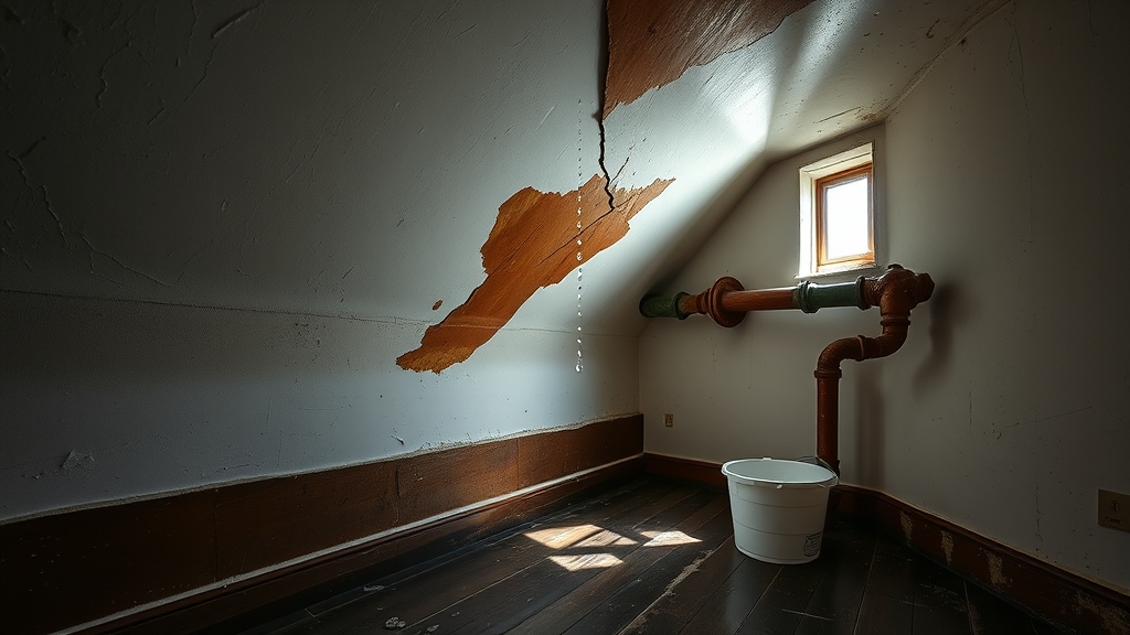 Water damage in attic space, showing cracked and peeling paint, leaking pipe, and bucket collecting drips, illustrating potential structural deterioration and hidden mold risks.