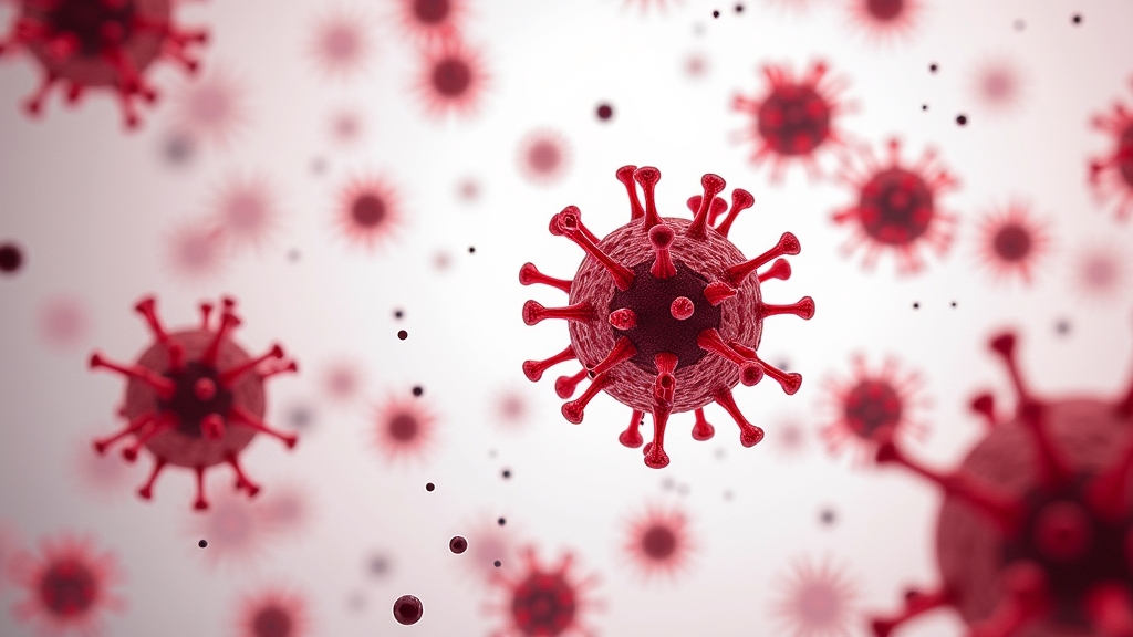 Red and black virus particles representing bloodborne pathogens, highlighting health risks associated with improper cleanup of blood and bodily fluids.