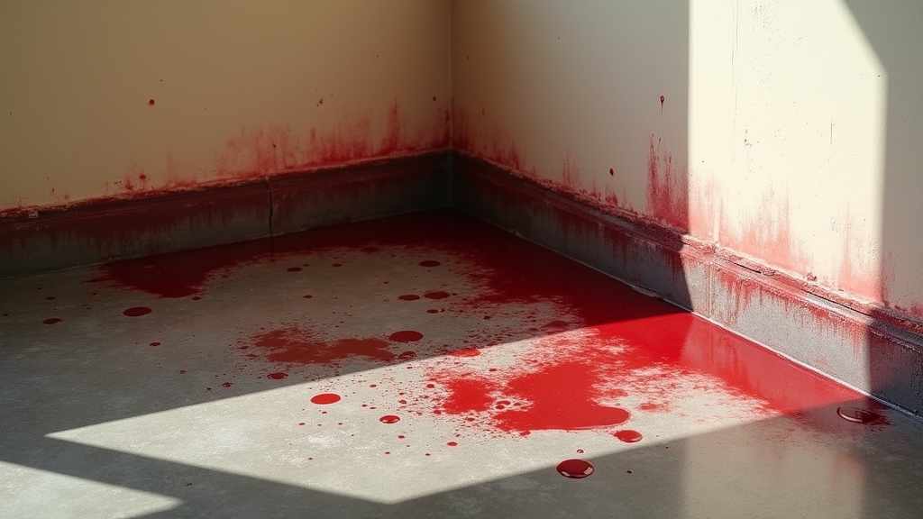 Blood stains and splatters on concrete floor in a corner, illustrating the need for trauma cleanup services in Las Vegas.