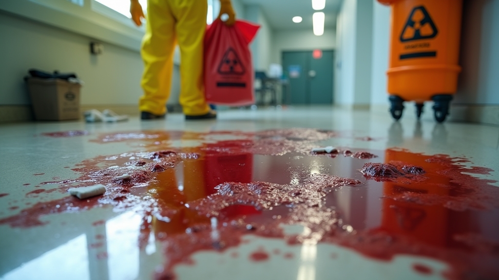 Worker in PPE handling biohazard waste bag near blood spill, highlighting trauma cleanup risks and safety protocols.