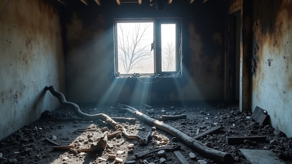 Interior of a fire-damaged room with charred walls, debris on the floor, and sunlight streaming through a broken window, illustrating the aftermath of fire damage and the need for restoration services.
