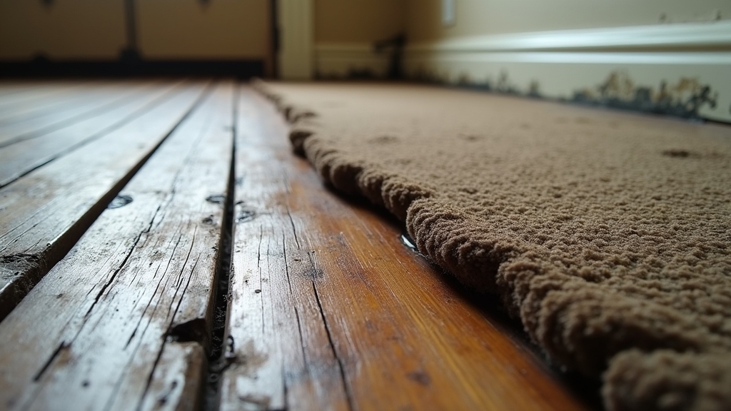 Warped wooden floorboards and spongy carpet edge, indicating potential water damage and moisture issues in a residential setting.