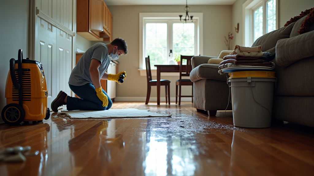 Man kneeling on wet carpet using flashlight to inspect water damage, with wet/dry vacuum and bucket nearby, in a home setting emphasizing emergency response after water incident.