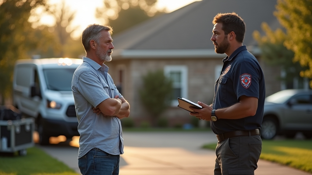 Man discussing incident cleanup with biohazard remediation professional, residential setting, vehicle in background, emphasizing responsibility for trauma cleanup in Las Vegas.