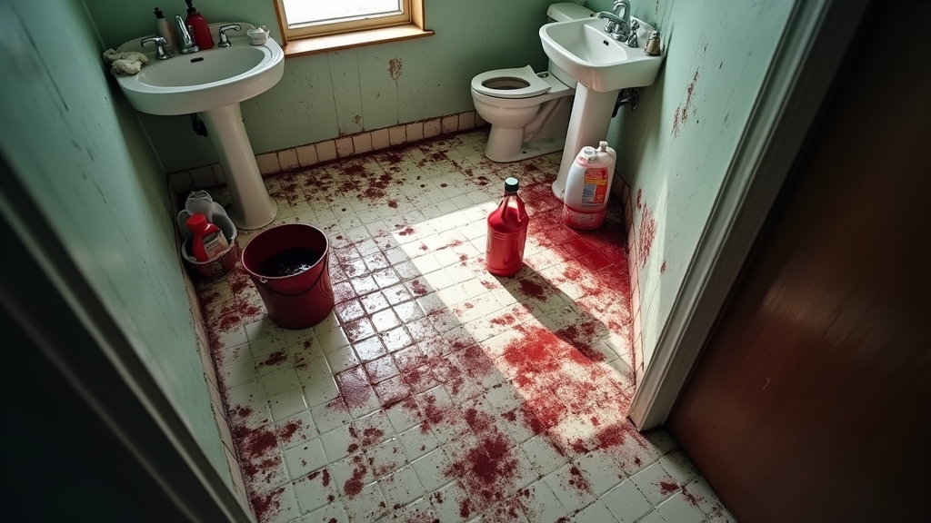 Bathroom scene with bloodstained floor, cleaning supplies, and a bucket, illustrating the dangers of DIY trauma cleanup.