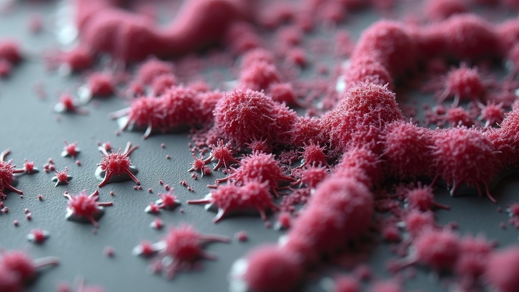 Microscopic view of biohazardous agents resembling pathogens, illustrating the dangers of DIY trauma cleanup and the need for professional-grade sanitization.